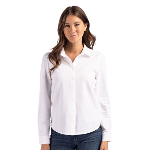 Cutter & Buck Advantage Tri-Blend Eco Soft Pique Long Sleeve Knitted Womens Button Down Thumbnail